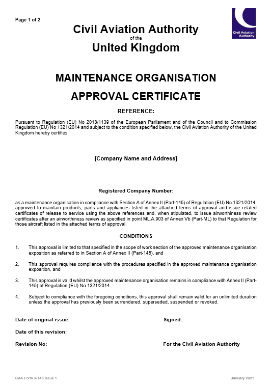 Blank CAA Form 3-145 Maintenance Organisation Certificate